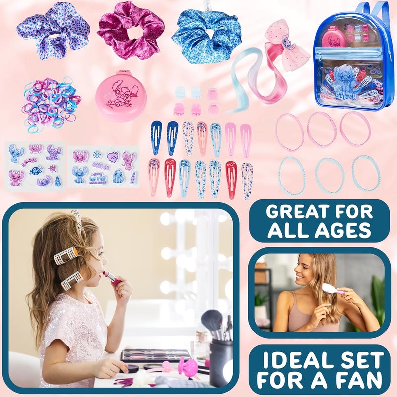 Get Trend Disney Stitch Hair Accessories Clear Backpack Set Gifts for Girls, Hair Ties, Clips, Stickers, Brush, Bands, Scrunchies, Cute Travel Bag (Blue Stitch) - Image 4